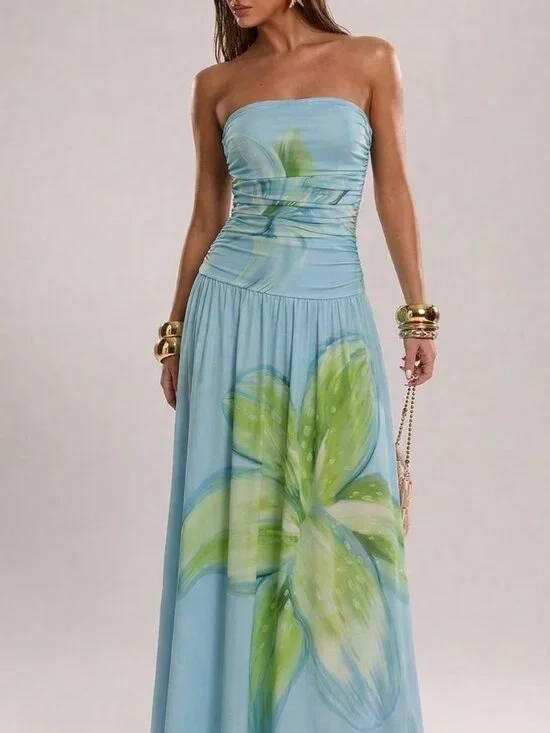 Blue Elegant Women's Strapless Floral Beach Maxi Dress - Picture 4 of 6